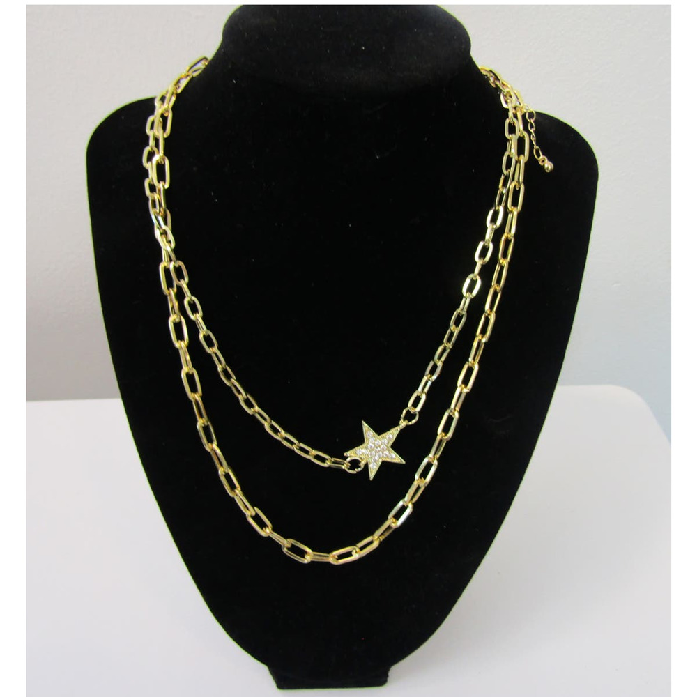 Gold Tone Chain 2 Tier Inset Rhinestones Star Boho Clasp Elegant Pendant